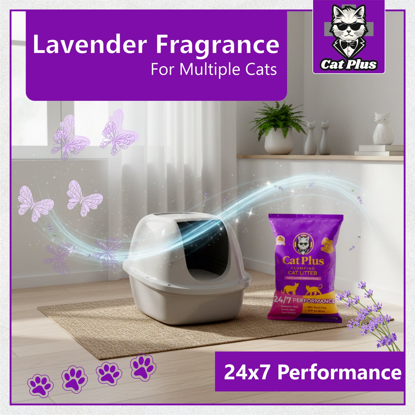 Cat Pluse Premium Clumping Cat Litter 10kg | Bentonite Cat Litter Low Dust | Strong Odour Control | Fast Clumping | Lavender Fragrance | Long Lasting for Cats & Kittens