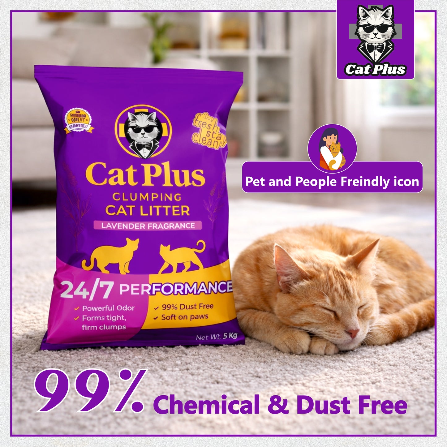 Cat Pluse Premium Clumping Cat Litter 10kg | Bentonite Cat Litter Low Dust | Strong Odour Control | Fast Clumping | Lavender Fragrance | Long Lasting for Cats & Kittens