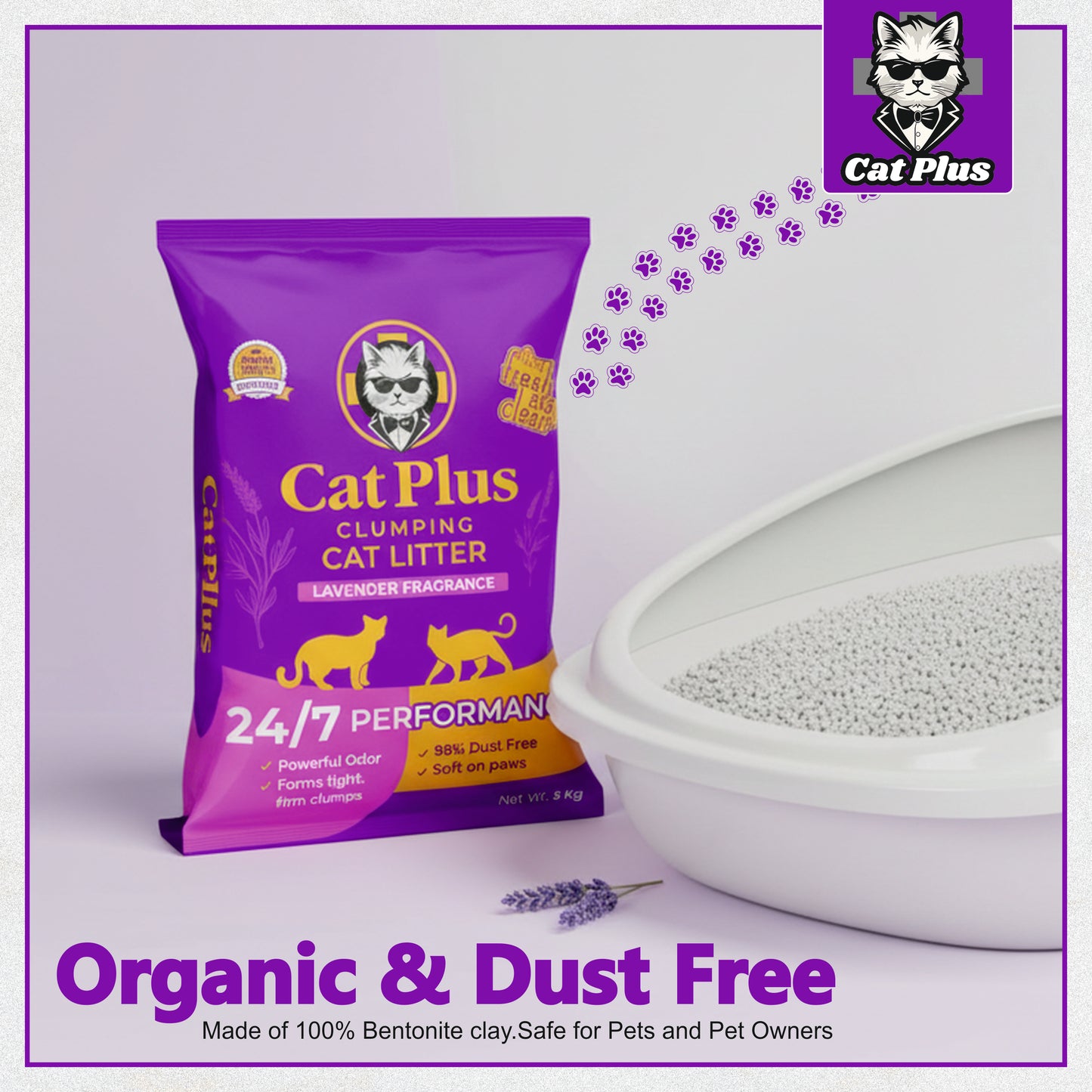 Cat Pluse Premium Clumping Cat Litter 10kg | Bentonite Cat Litter Low Dust | Strong Odour Control | Fast Clumping | Lavender Fragrance | Long Lasting for Cats & Kittens