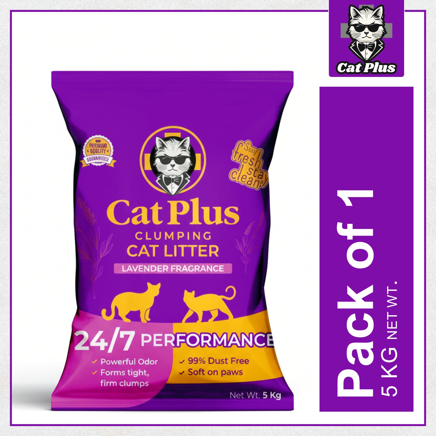 CatPlus Premium Clumping Cat Litter 5kg | Bentonite Cat Litter Low Dust | Strong Odour Control | Fast Clumping | Lavender Fragrance | Long Lasting for Cats & Kittens