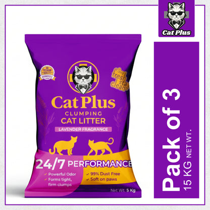 Cat Pluse Premium Clumping Cat Litter 15kg | Bentonite Cat Litter Low Dust | Strong Odour Control | Fast Clumping | Lavender Fragrance | Long Lasting for Cats & Kittens